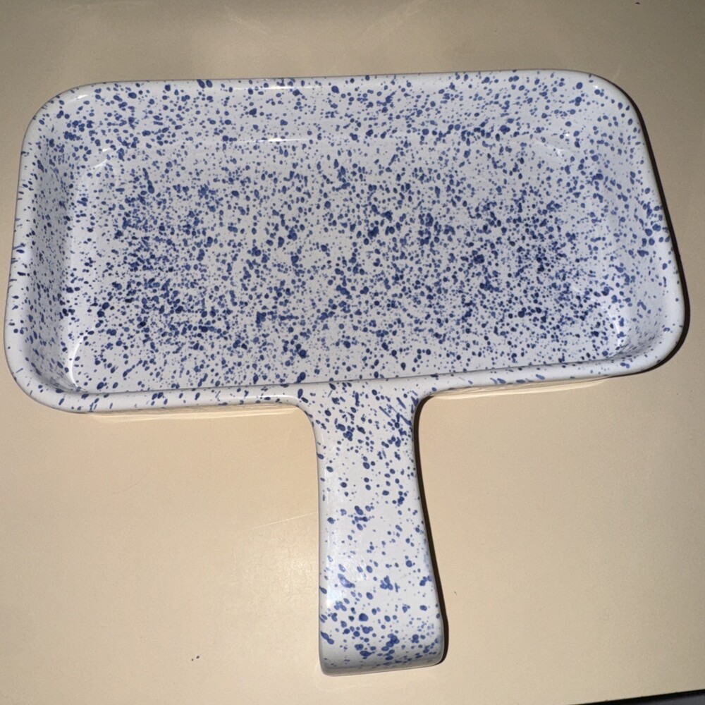 Vintage Dr. Douglas Wonder Baker Pan White/blue Splatter Stoneware 11 x 6.5
